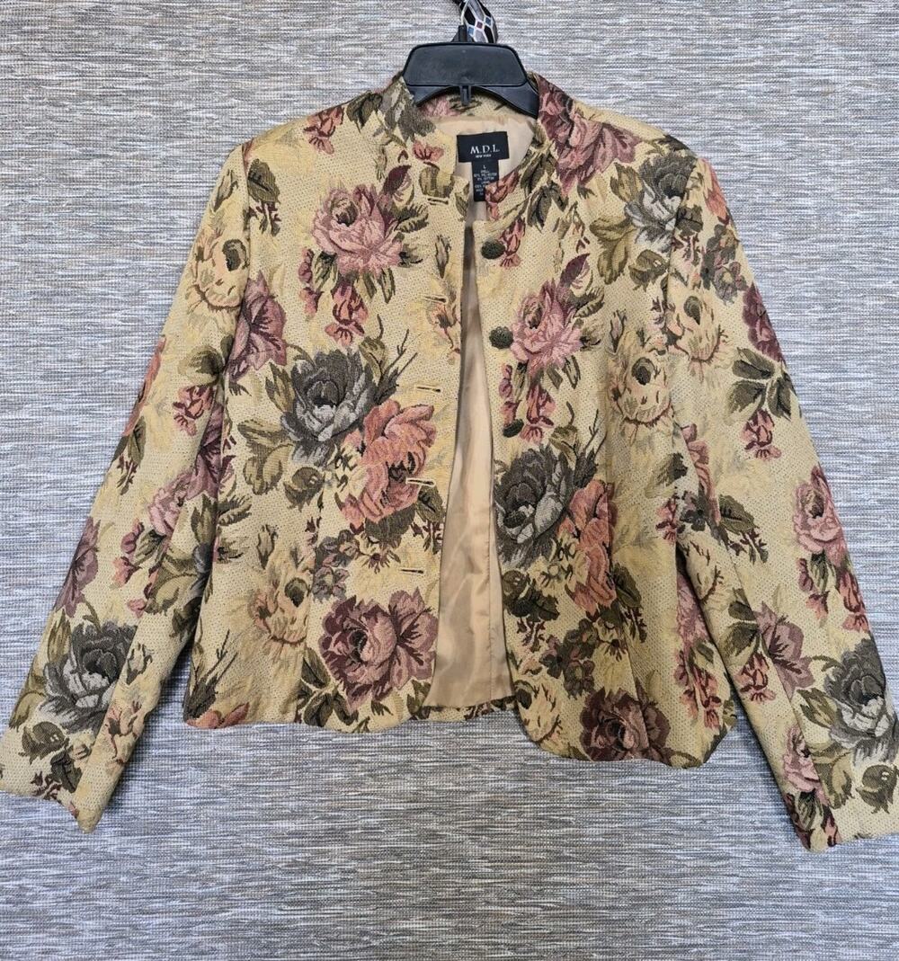 M.D.L. New York Floral Blazer Jacket Womens Size L Tan Textured Fully Lined